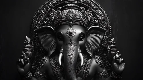 Midnight metal Ganesha radiating calm in sculpted shadows.