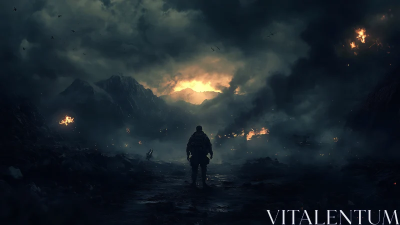 Lone soldier strides through a burning stormwrecked valley.