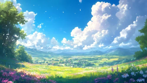 Hillside meadow overlooking distant valley settlement under clouds.