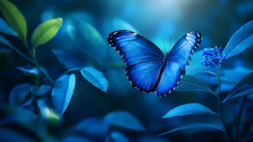 Iridescent blue butterfly hovers in atmospheric bokeh forest