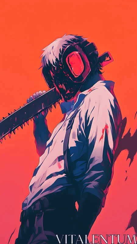 Chainsaw-headed fighter stands proud in bold neon light