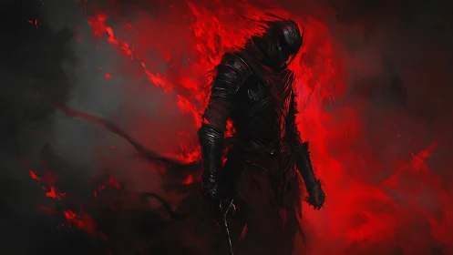 Shadow-clad warlock strides through rising crimson wildfire
