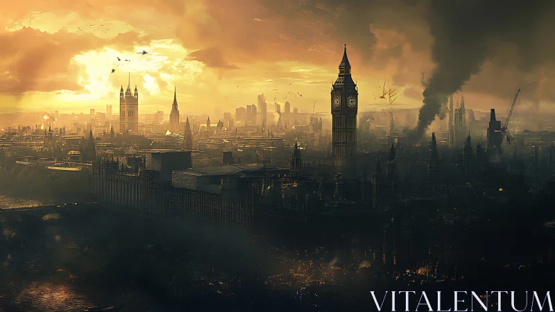 Post-apocalyptic London skyline under burning golden dusk.