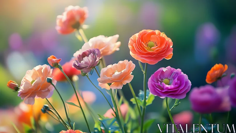 Multicolored ranunculus blooms with selective focus and gradient bokeh