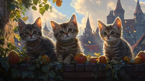 Three Kittens on Castle Wall with Autumn Foliage and Distant Spires