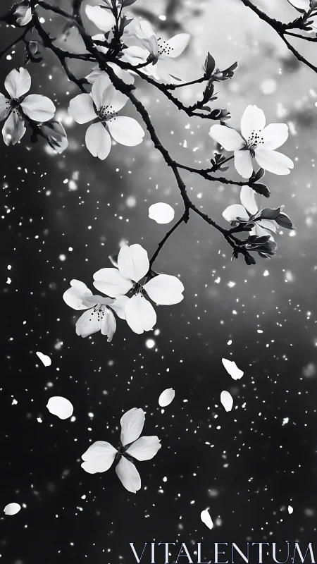 Blossoms on Branch in Monochrome with Particle Effects