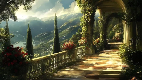 Sunlit terrace drifts above a lake of storybook mountains