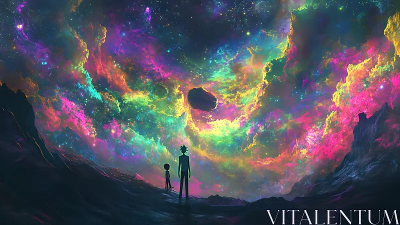 Dual silhouette observers beneath radiant nebular skyfield