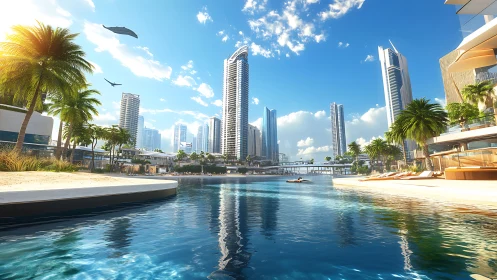 Coastal Urban Waterfront With High-Rise Architecture and Tropical Vegetation