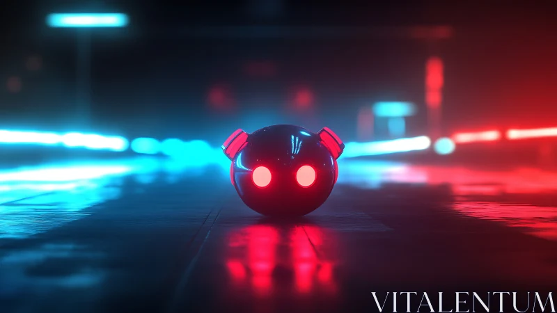 Neon-illuminated spherical drone in defocused cyber corridor.