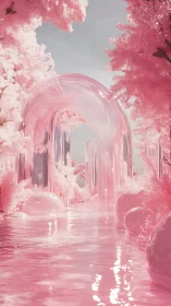 Translucent arch and reflective spheres in pink landscape.