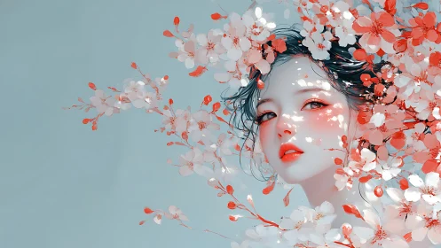 Soft spring muse framed by drifting cherry blossoms.