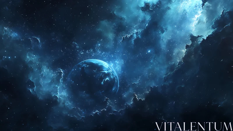 Blue planet drifts through luminous nebula clouds silently.