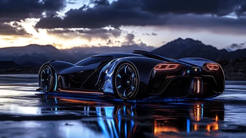 Midnight hypercar skims neon reflections before the storm