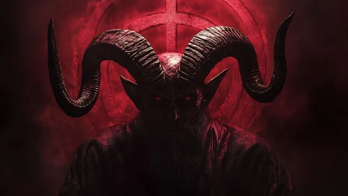 Horned demonic figure faces camera under red backlight