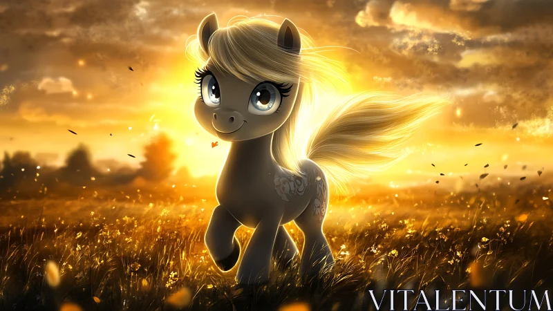 Sunlit pony wandering through a golden daydream meadow.