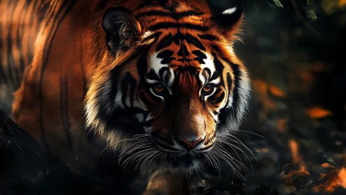 Tiger stalks forest floor under dramatic low light.