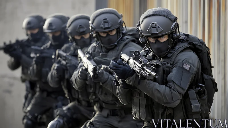 Tactical police team advances in tight urban formation.