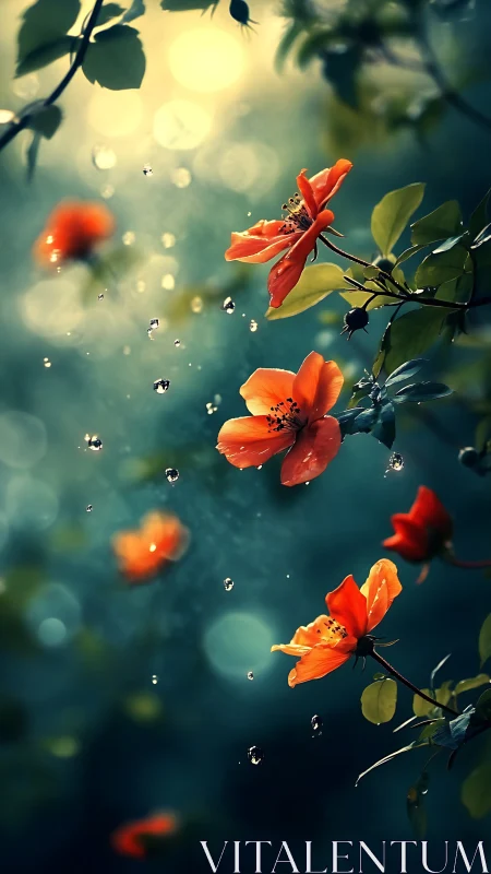 Red Flowers with Dragonfly and Water Droplets.