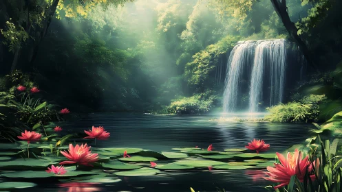 Waterfall descends into forest pond lined with pink lilies