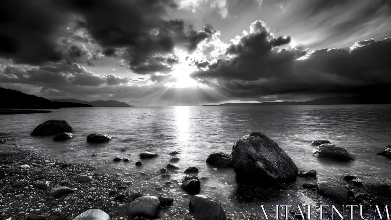 Monochrome sunset rays break through dramatic coastal clouds.