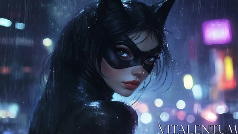 Masked vigilante stands in neon rain with piercing gaze.