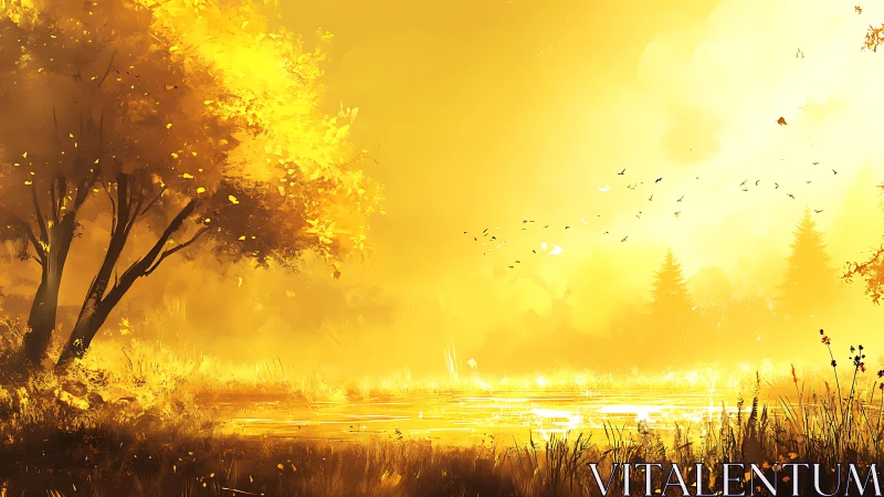 Backlit deciduous tree beside reflective pond in golden haze