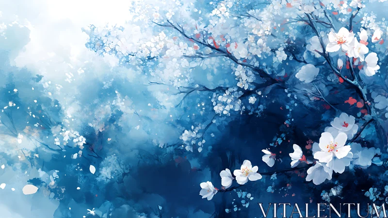 Cerulean blossom canopy with luminous white petals in bloom.