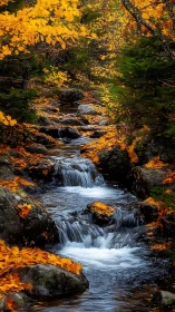 Autumn forest stream cascades through rocks and golden leaves.