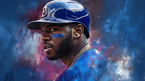 Digital portrait of baseball player in blue uniform profile.