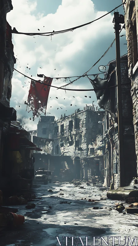 Shattered alleyway kingdom beneath tattered, wind-torn flags.