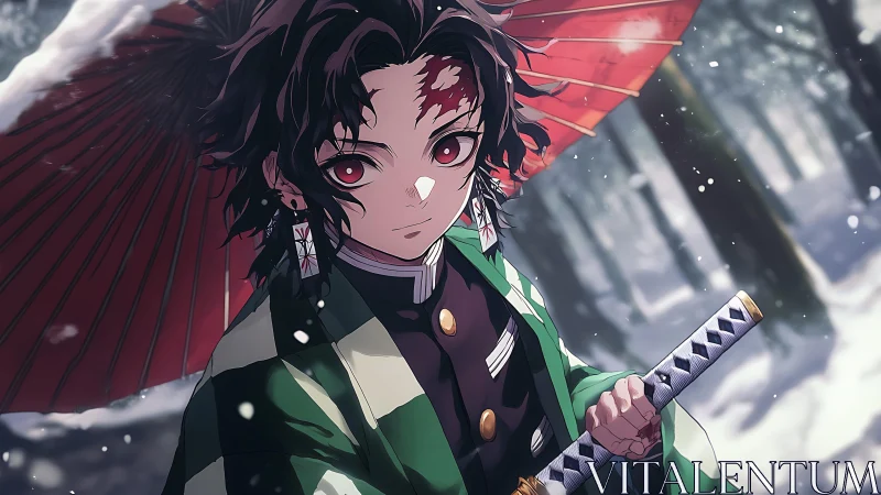 Anime swordsman under red umbrella in snowy forest close-up