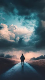 Solitary figure on wet country road under dramatic storm sky