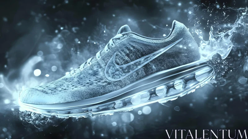 Sporty sneaker with water splash effect in futuristic digital art.