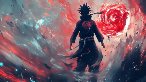 Dynamic anime warrior before swirling red energy vortex.