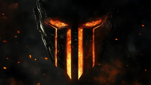 Molten metal warrior mask with glowing orange slits.
