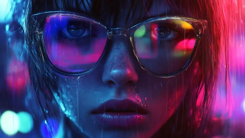 Neon rain wraps a reflective gaze in electric city light