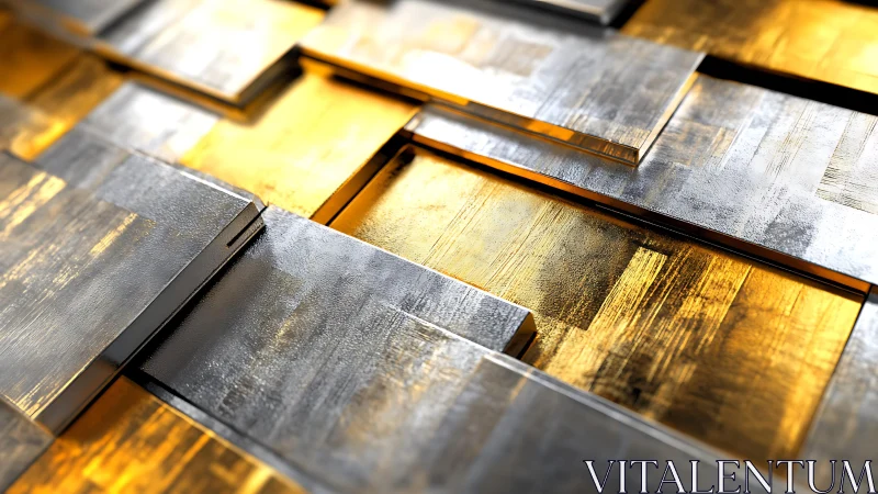 Metallic geometric abstract art with gold and silver textures.