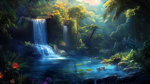 Sunlit jungle waterfall pool wrapped in lush green calm.