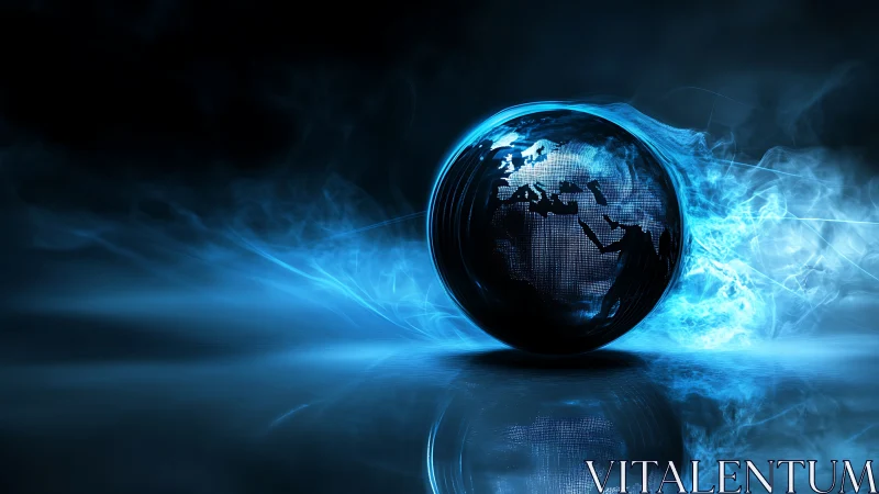 Glowing digital earth orb rests in swirling blue energy mist