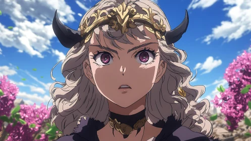 Armored sorceress with horned diadem gazes forward in shallow depth