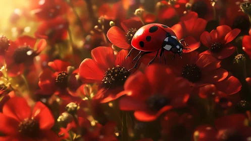Ladybug on red wildflowers under golden evening light.