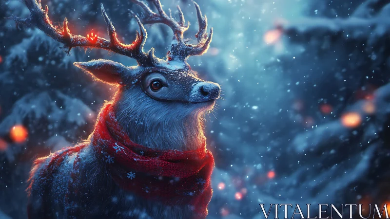 Snow-covered reindeer in red scarf with glowing antlers in storm