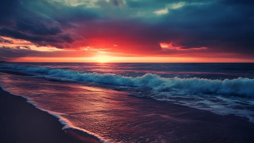 Sunset light reflects on waves along a dark sandy shore