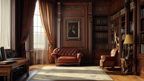 Sunlit classic library invites quiet reading and reflection