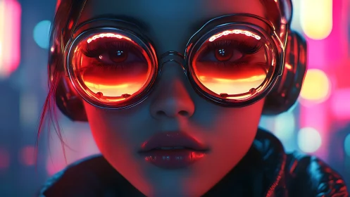 Neon-drenched goggles hold a city of reflections and secrets
