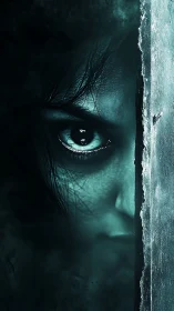 Haunted blue eye peers from behind cracked frosted wall