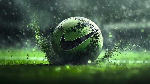 Nike football bursting through wet turf in vivid motion.