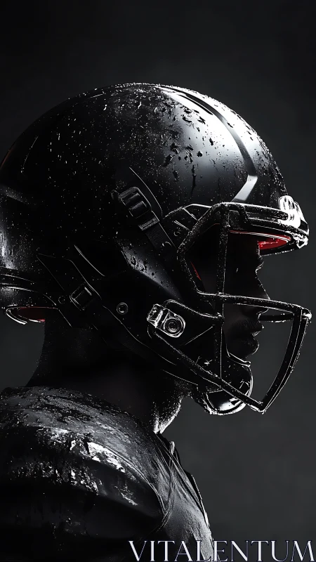 Black football helmet profile in moody cinematic lighting.