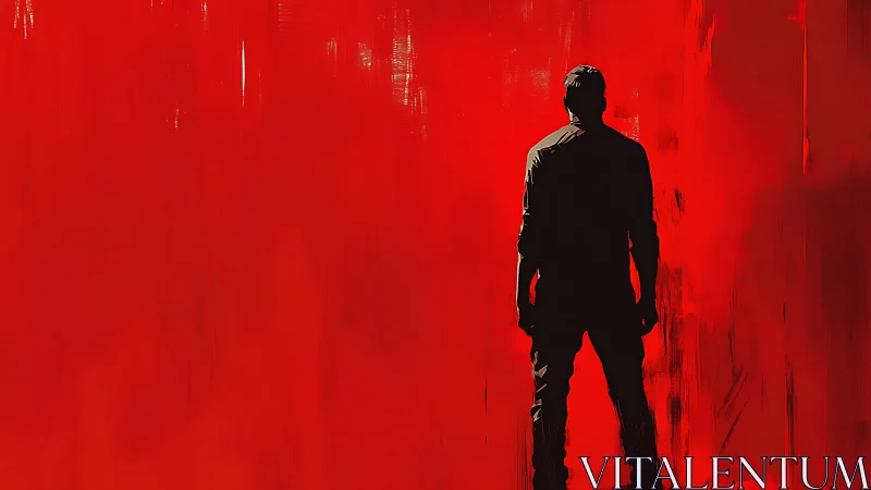 Solitary silhouette confronts a vast, intense red void